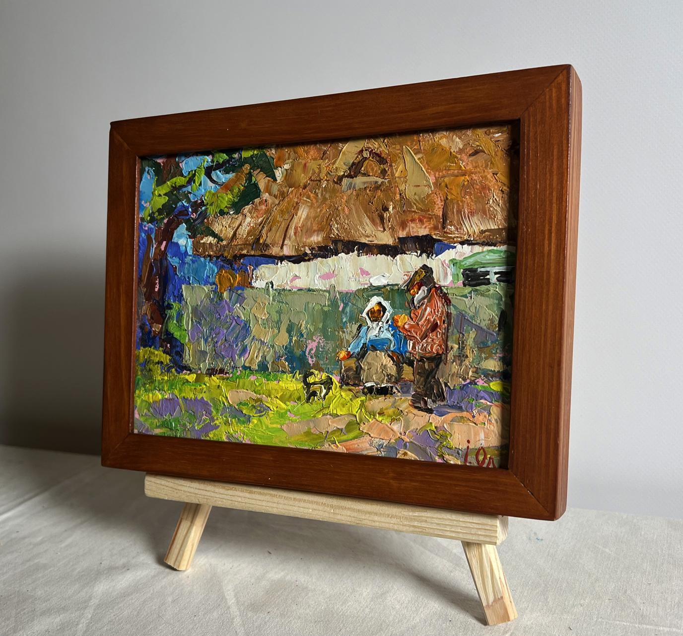 Oil painting Quiet village conversation by Oleksiy Ivanyuk on easel