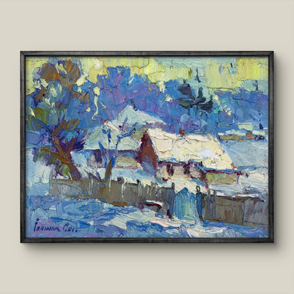Framed Oil Painting Winter by Oksana Ivanyuk snowy village scene
