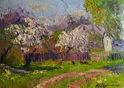 Vibrant impressionist rural landscape by Boris Serdyuk, blooming trees in greens, purples