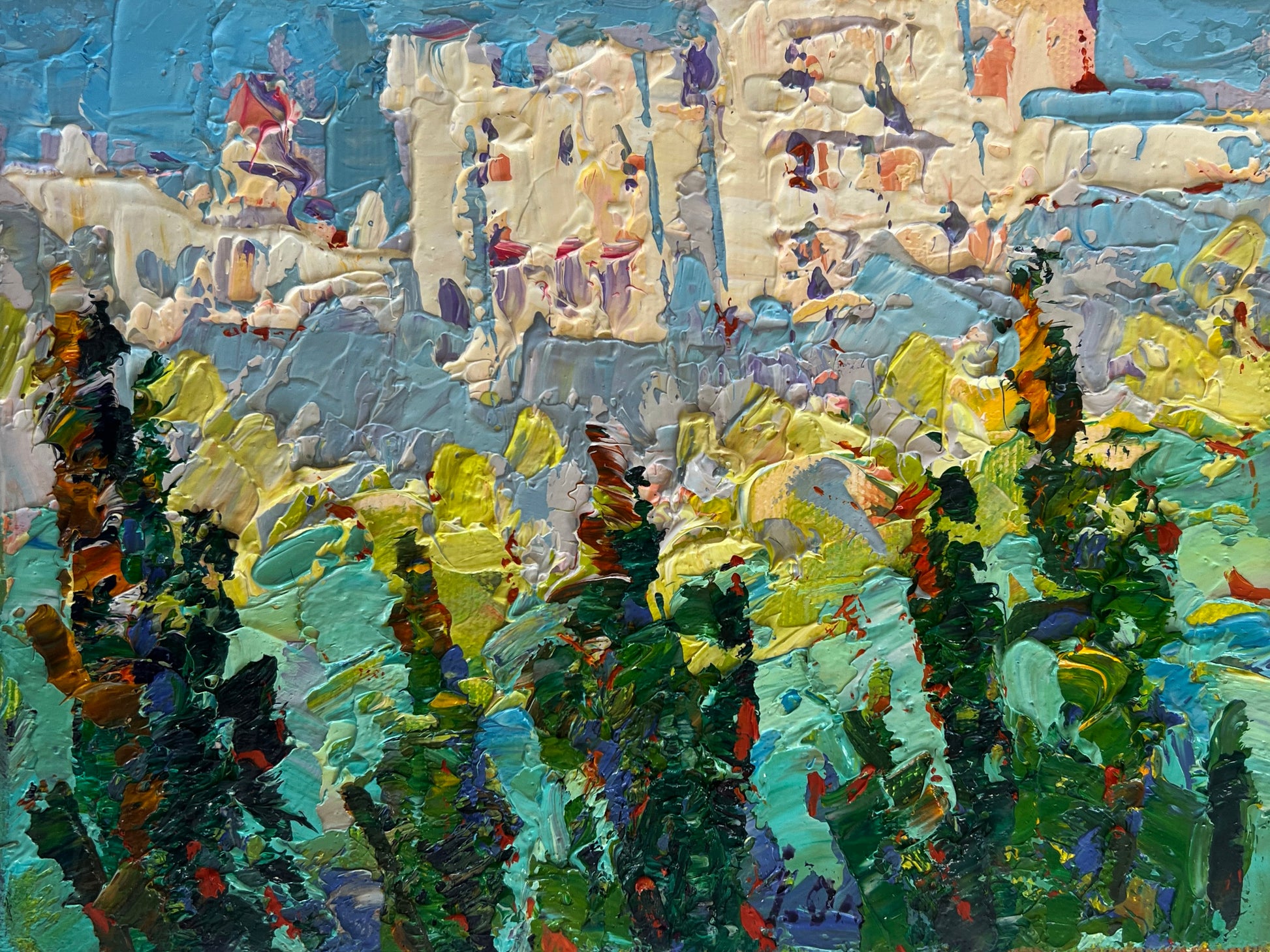 Vibrant impressionist painting by Oleksiy and Oksana Ivaniuk with green foliage