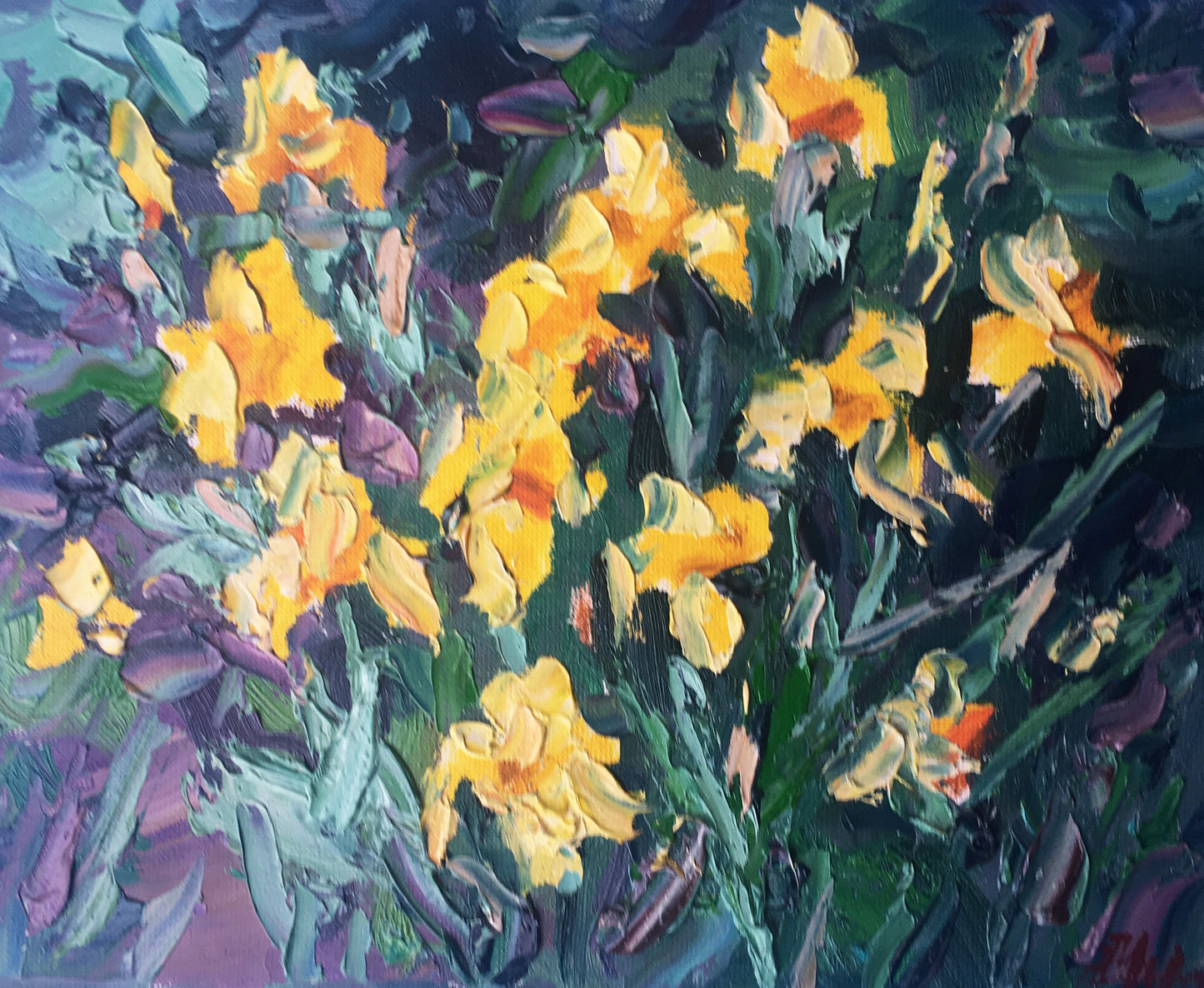 Vibrant impressionist yellow flowers painting by Alexander Cherednichenko, impasto