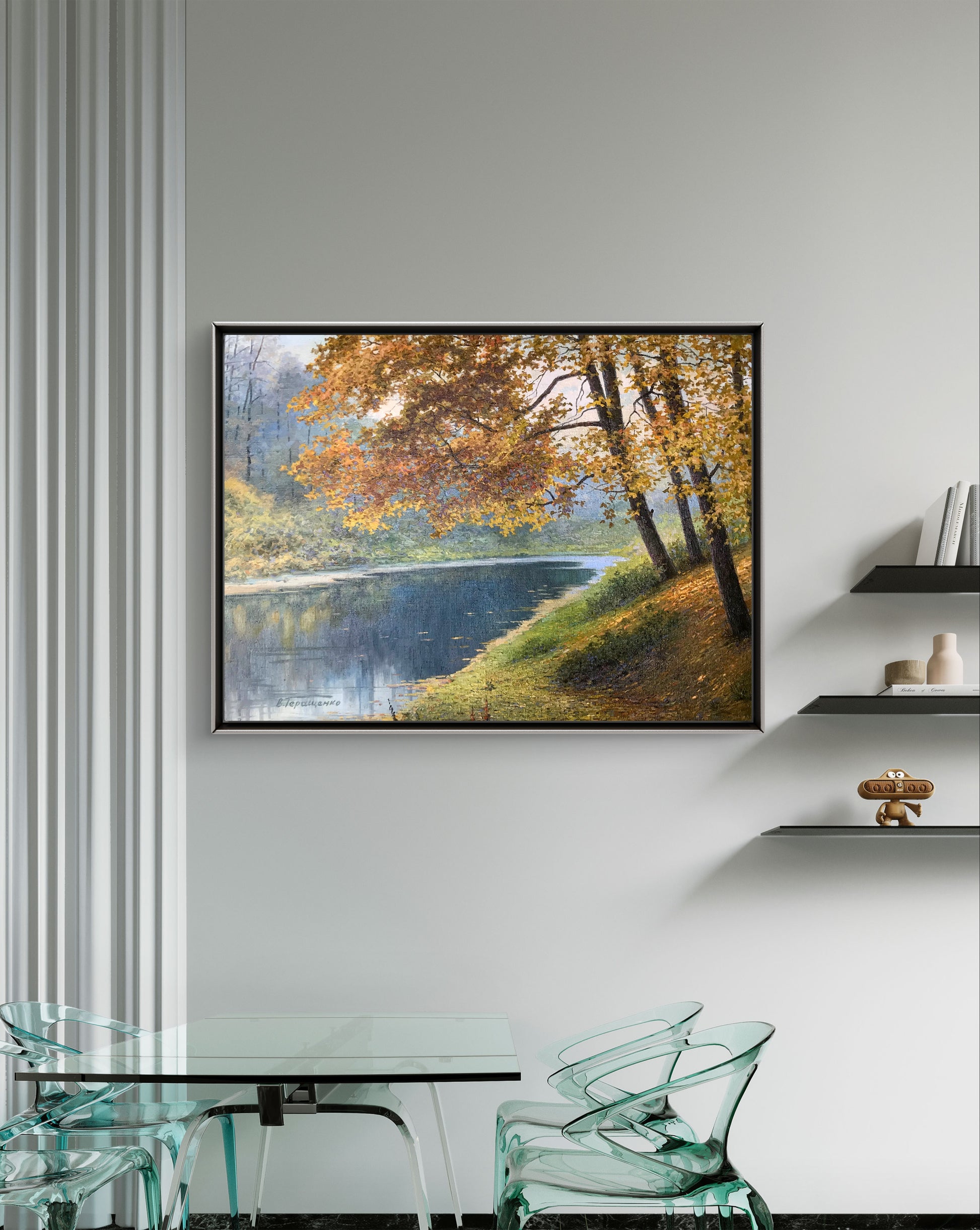 Framed oil painting by Gerashchenko Volodymyr Fedorovich: vibrant autumn trees in water
