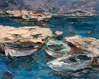 Impasto textured boats in deep blue water by Alexander Cherednichenko