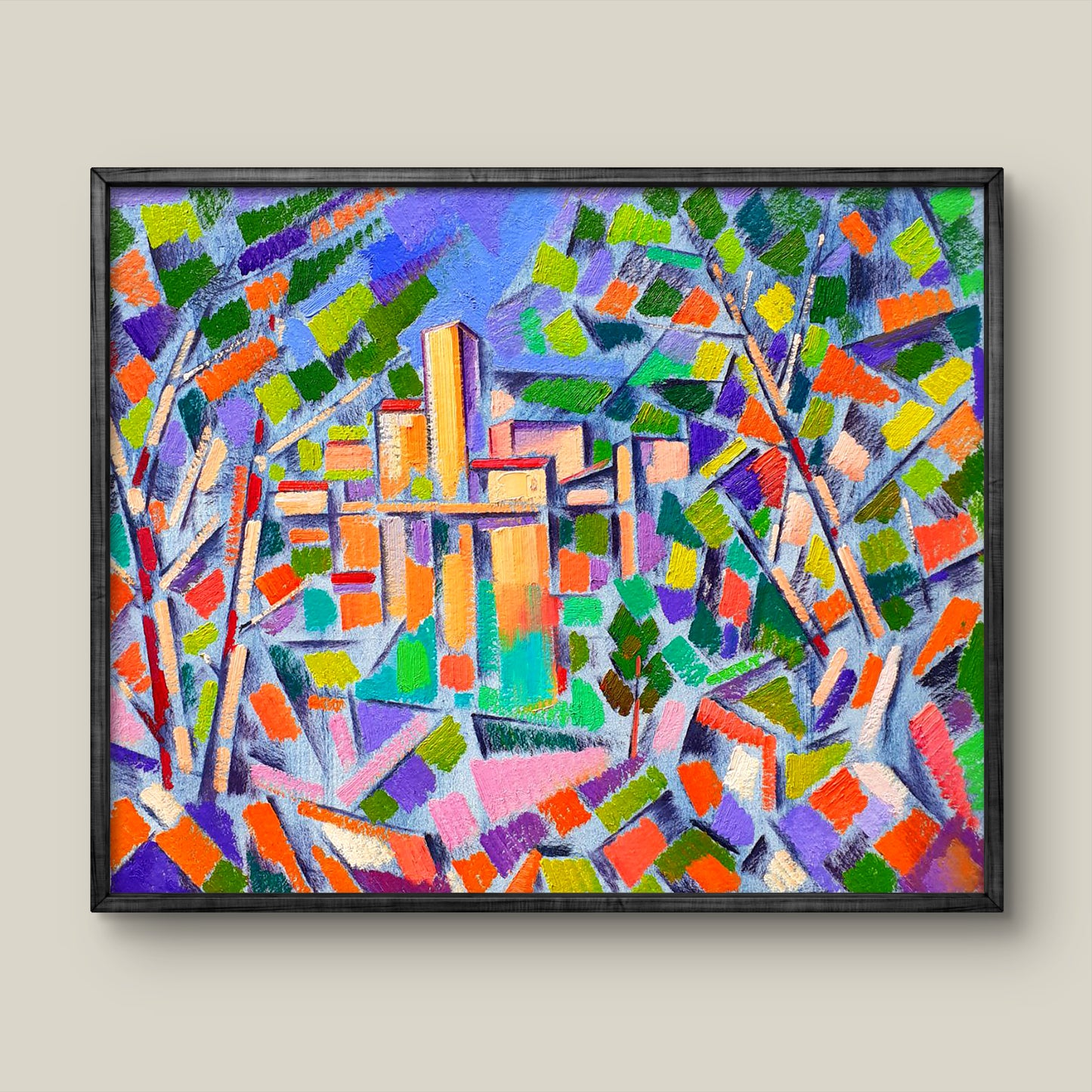 Vibrant abstract city behind trees oil painting by Peter Dobrev in black frame