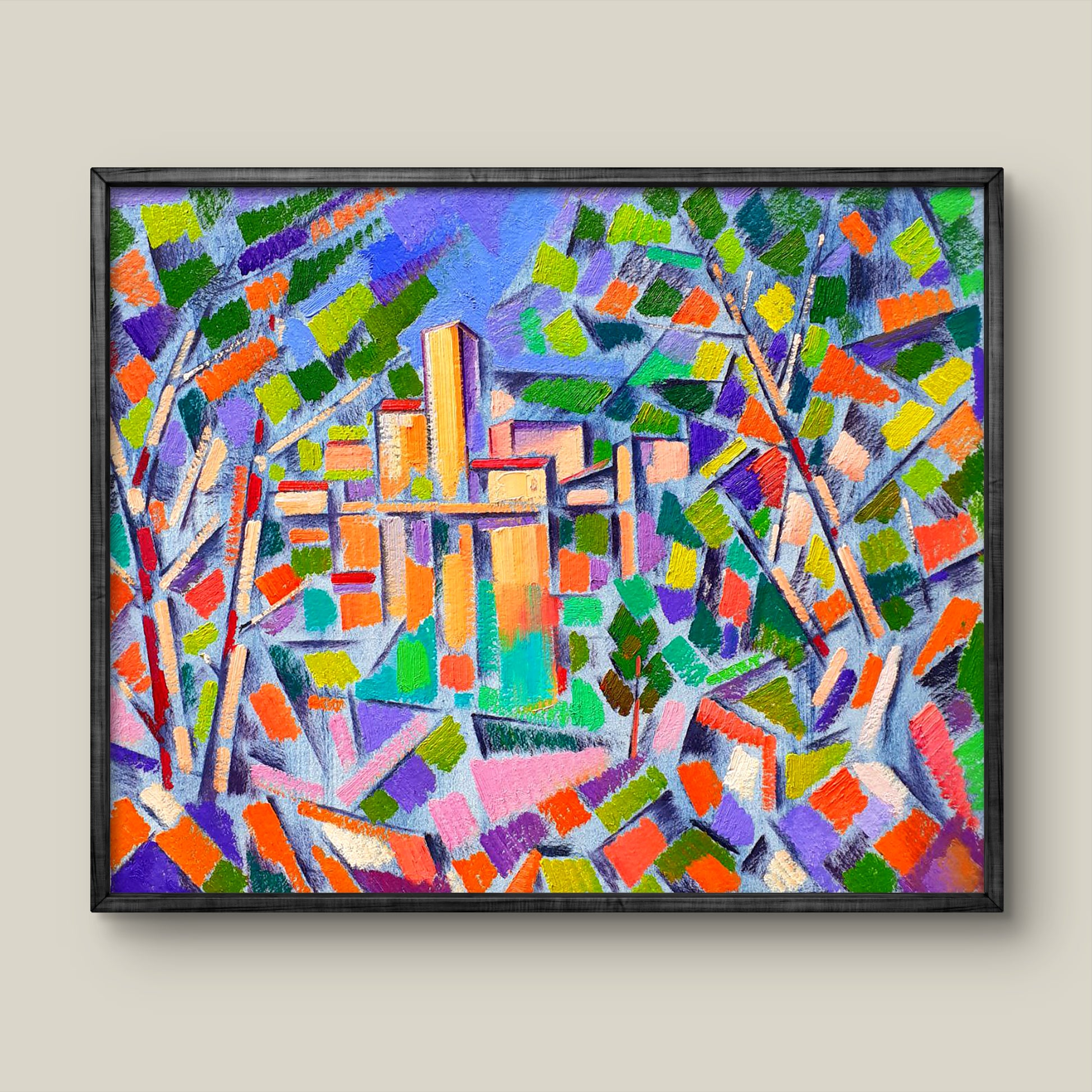 Vibrant abstract city behind trees oil painting by Peter Dobrev in black frame