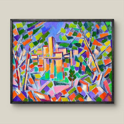 Vibrant abstract city behind trees oil painting by Peter Dobrev in black frame