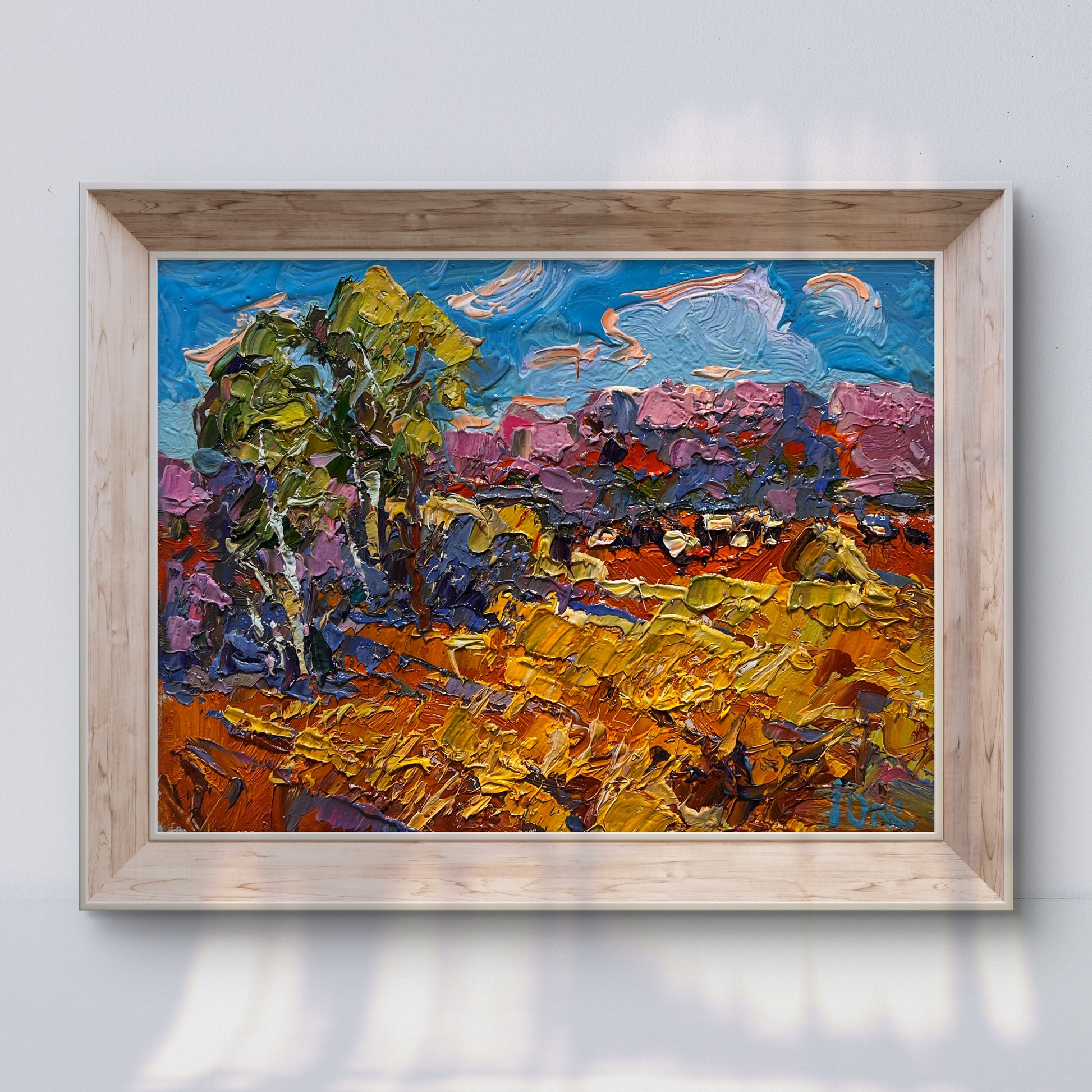 Oil painting Golden autumn field by Oksana Ivanyuk in light wood frame