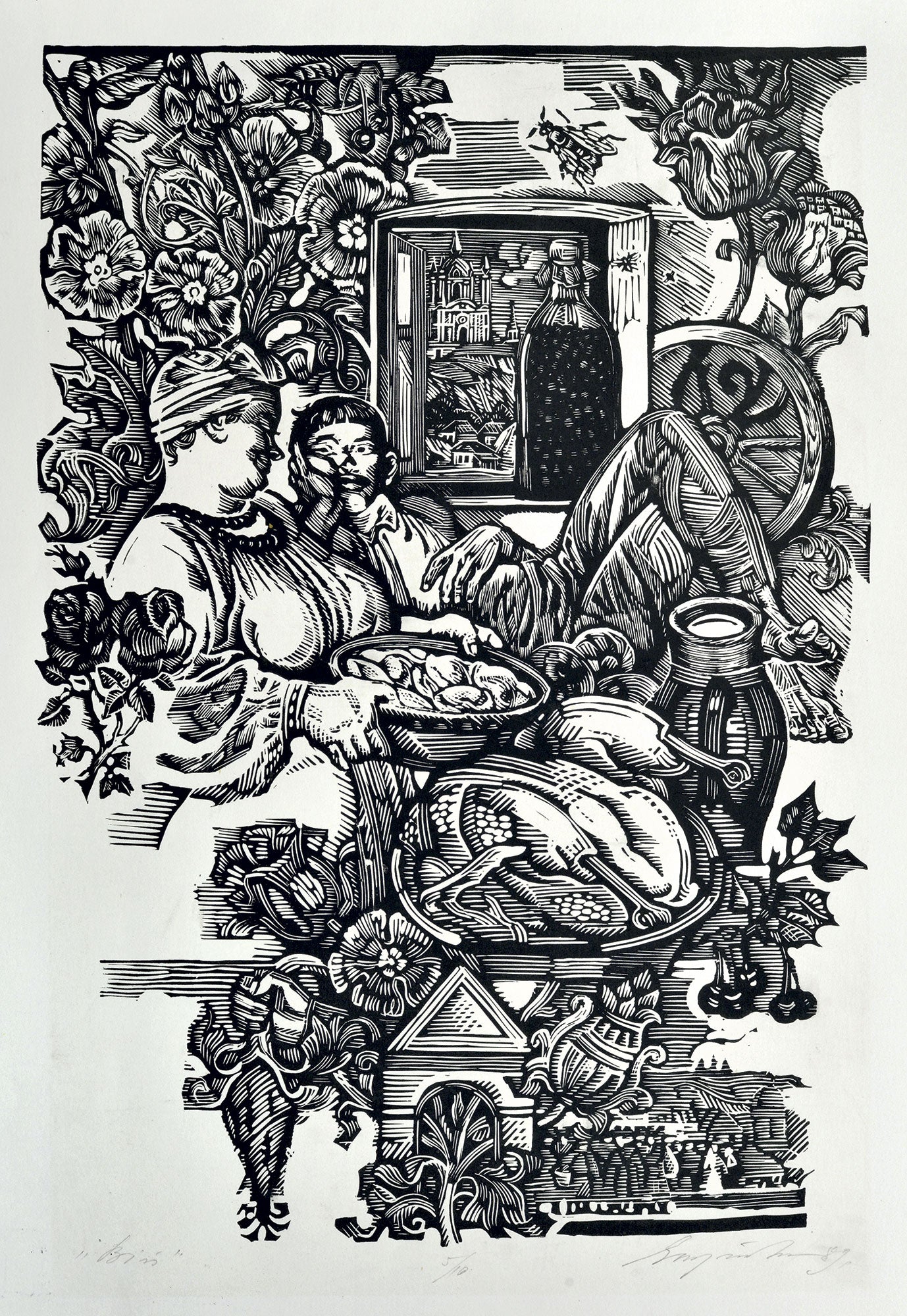 Georgii Yakutovych original black and white linocut of two figures at laden table