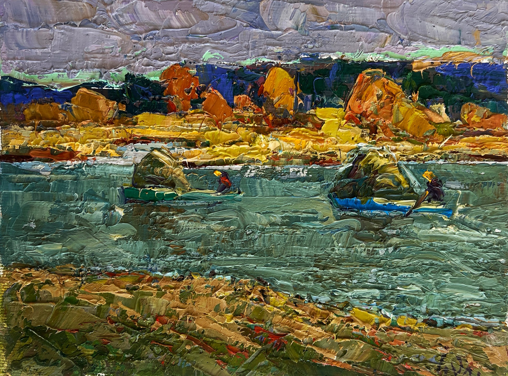 Impressionistic oil painting of boats on turbulent river by Oleksiy & Oksana Ivaniuk