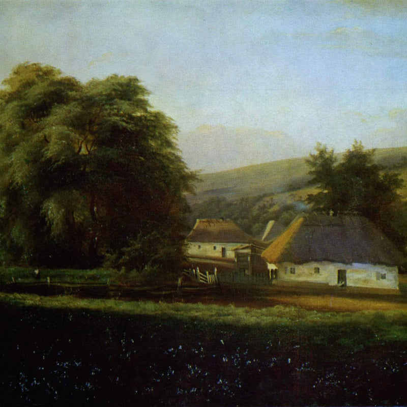 Oleksandr Murashko painting: white-walled thatched cottage amid green hills