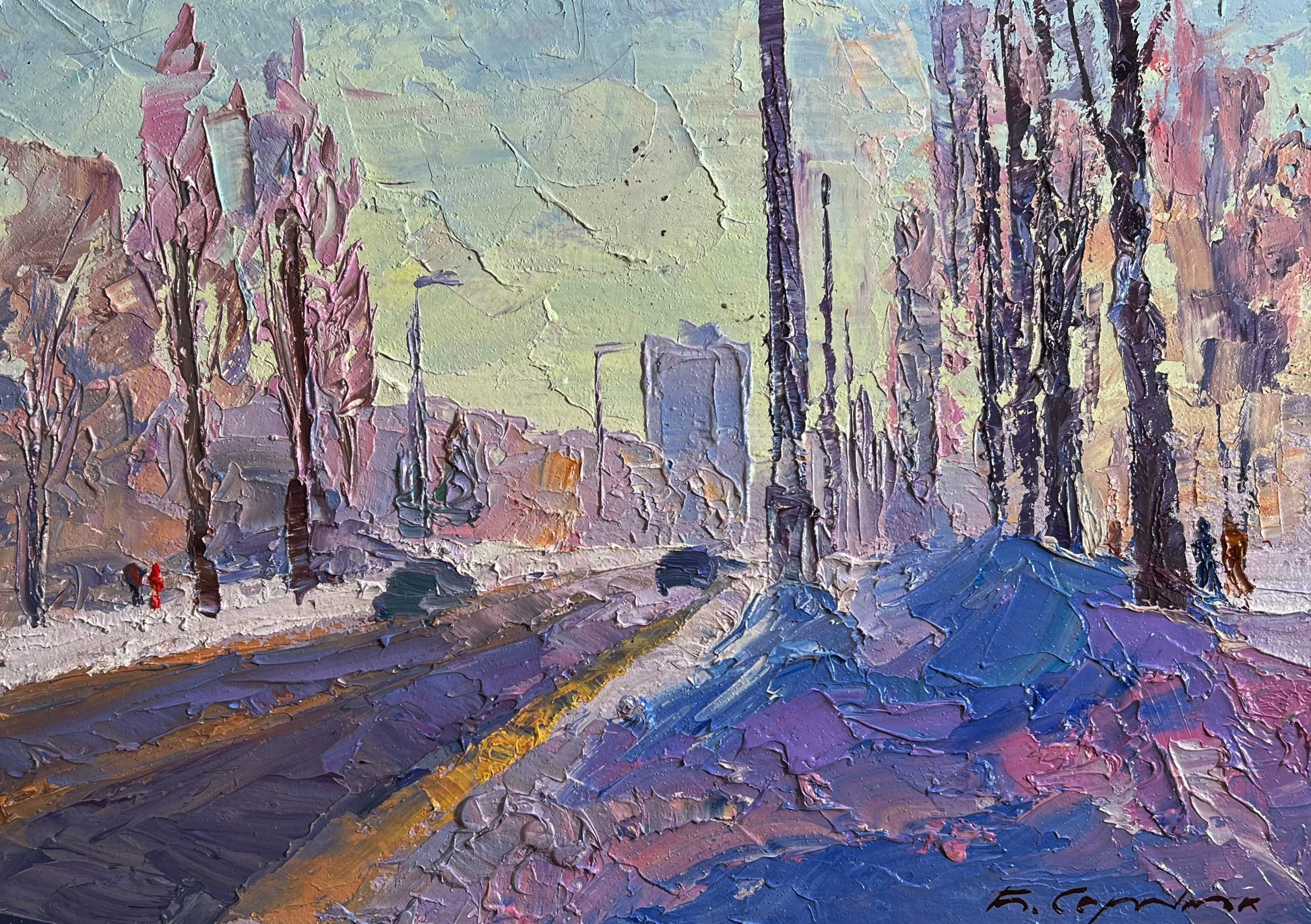 Textured impressionistic snowy street painting by Boris Serdyuk fine art