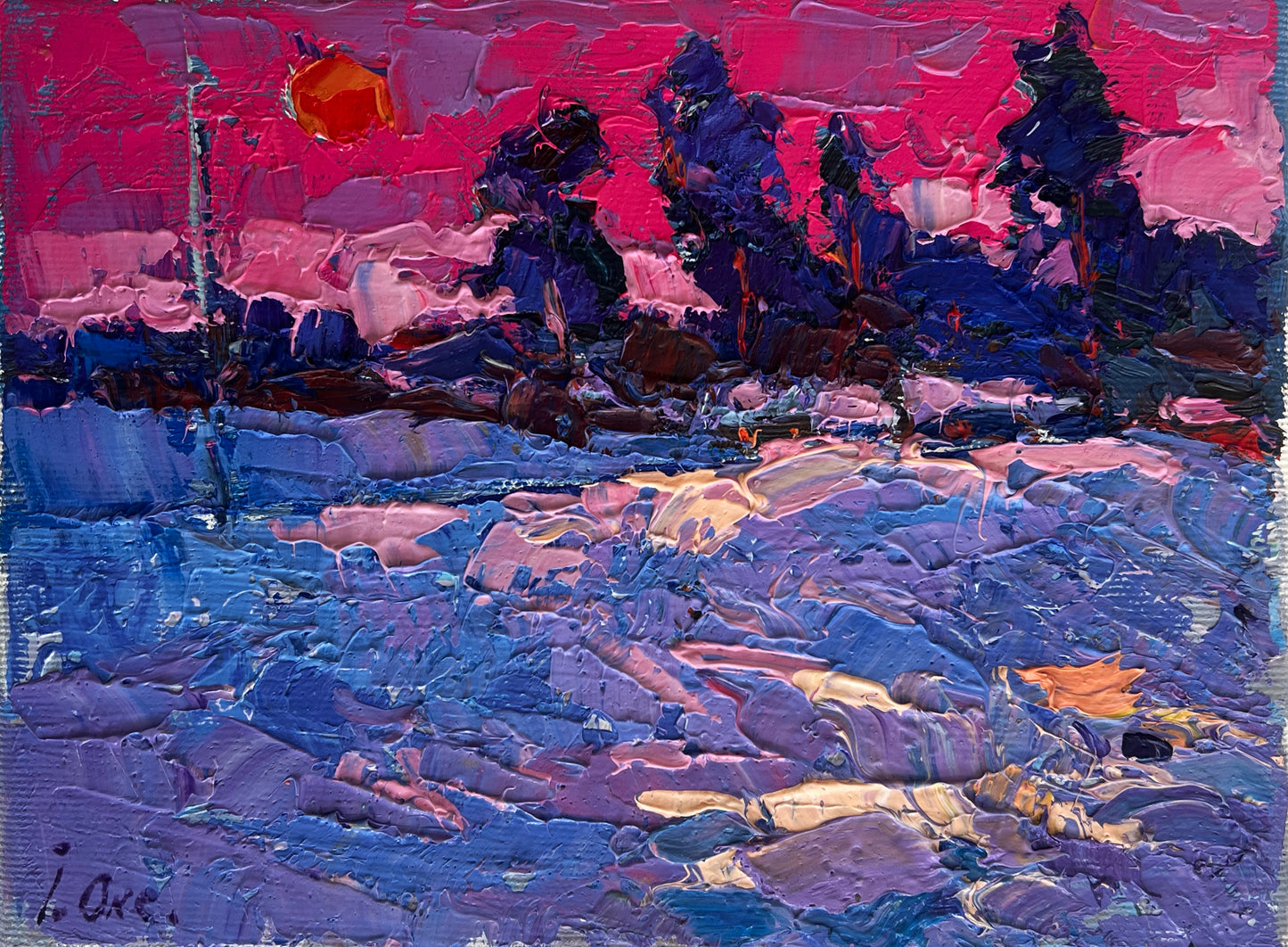 Vibrant impressionist painting by Oleksiy & Oksana Ivaniuk with pink purple hues and orange sun