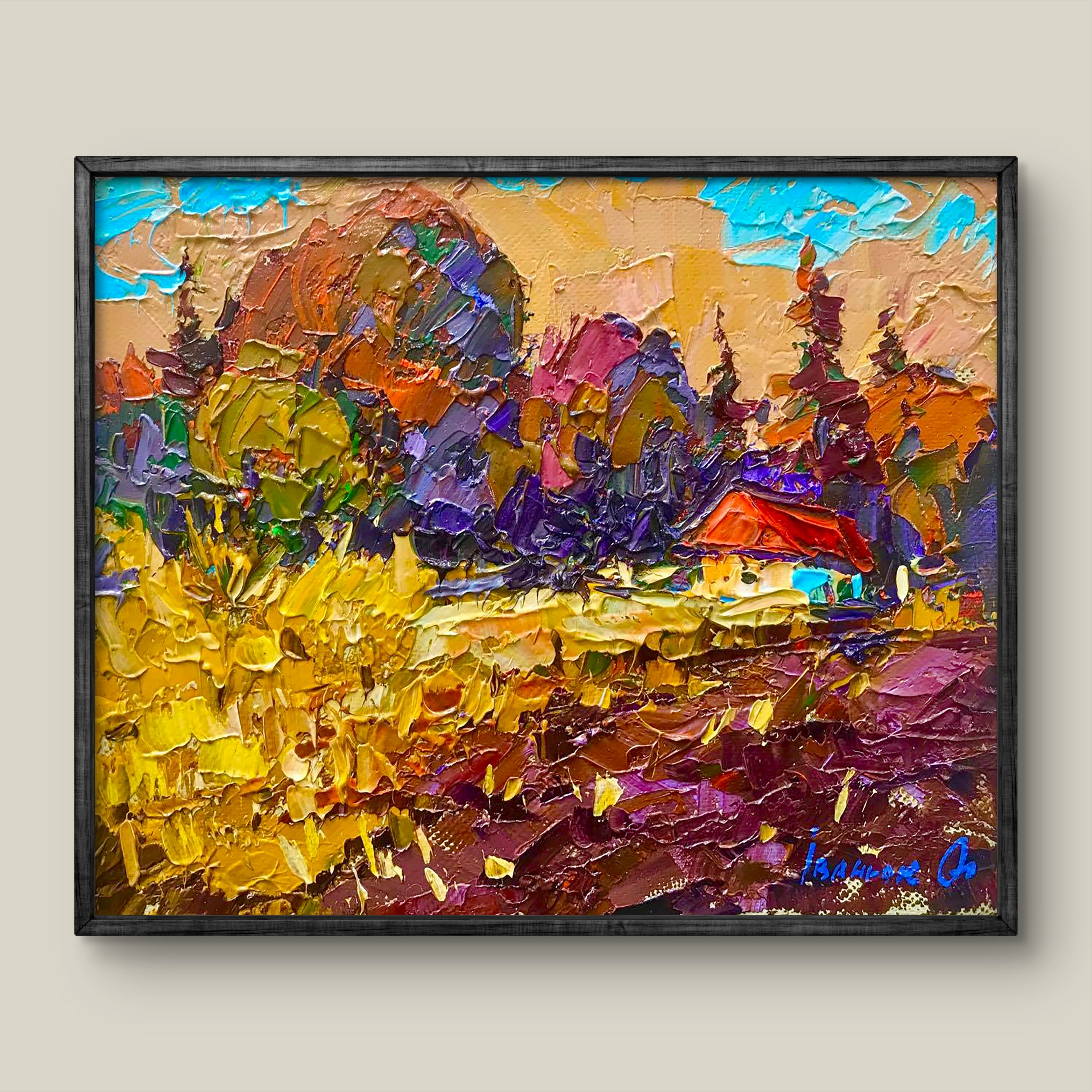 Oil painting Warm evening near the forest by Alex Ivanyuk in black frame