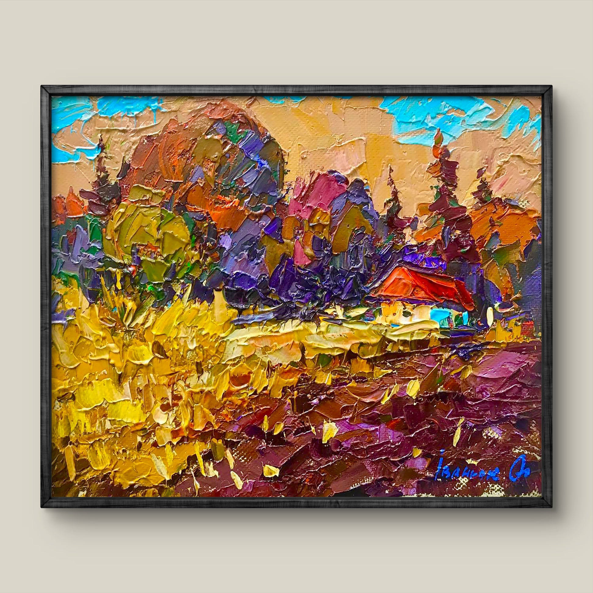 Oil painting Warm evening near the forest by Alex Ivanyuk in black frame
