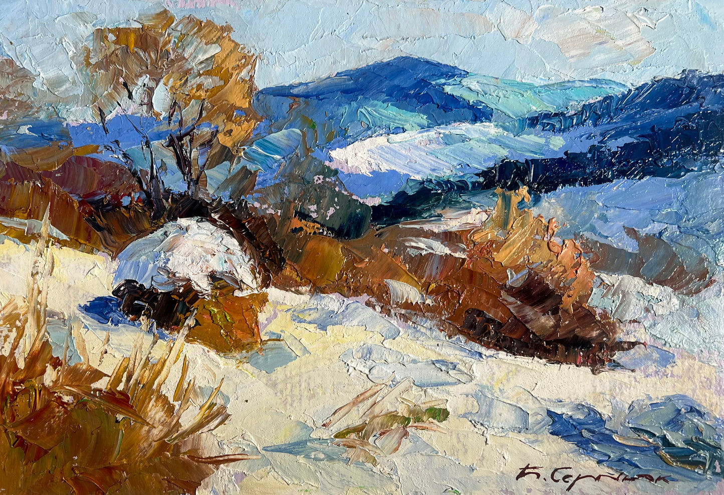 Textured impressionist snowy landscape painting by Boris Serdyuk, wholesale fine art