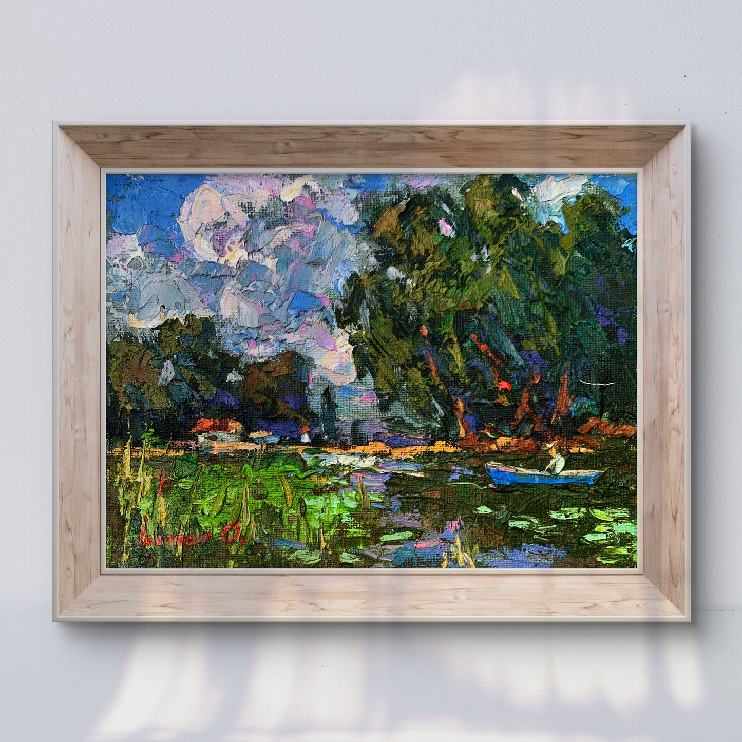 Vibrant Ivanyuk Oleksiy oil painting of serene lakeside boating holidays in wood frame