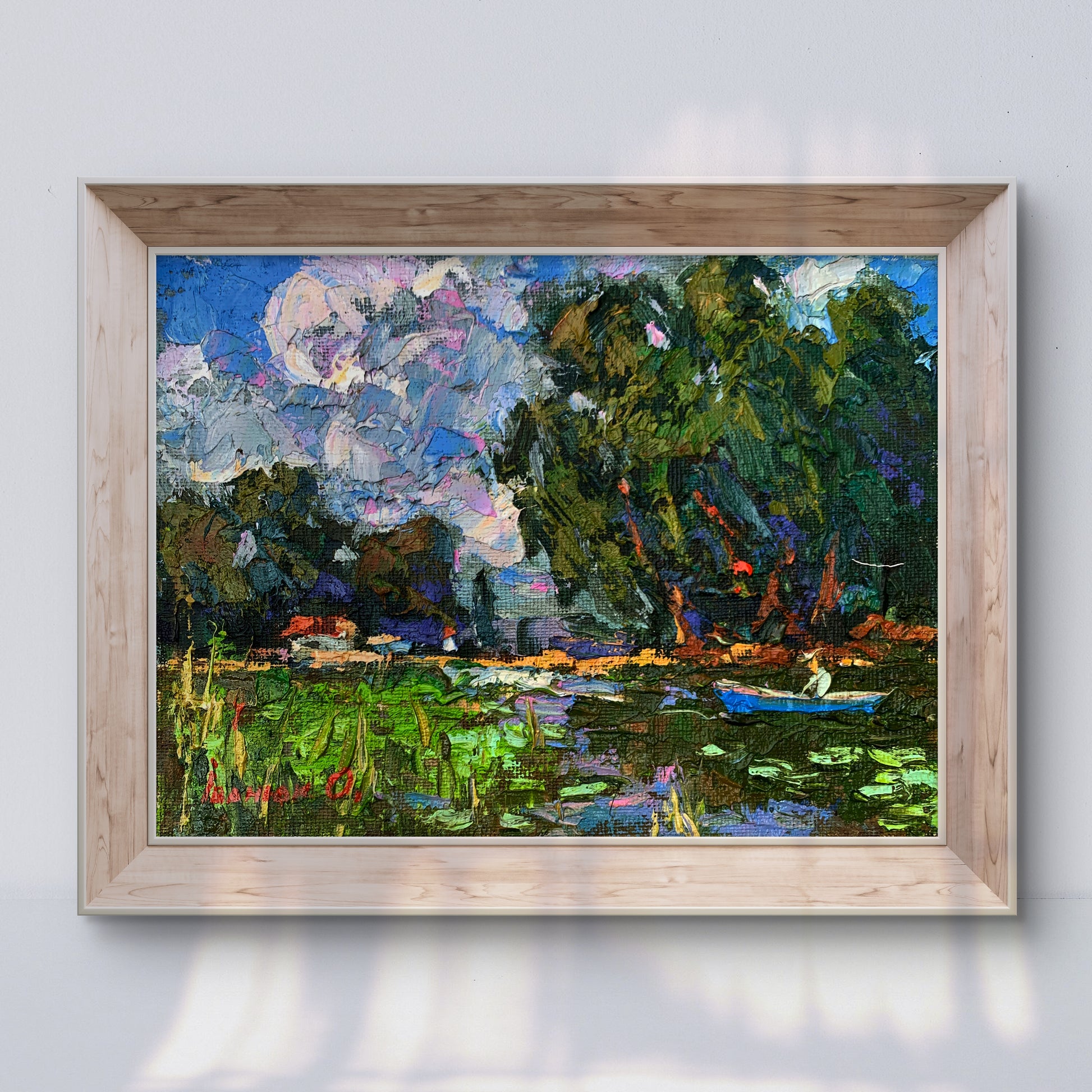 Vibrant Ivanyuk Oleksiy oil painting of serene lakeside boating holidays in wood frame