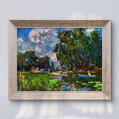 Vibrant Ivanyuk Oleksiy oil painting of serene lakeside boating holidays in wood frame