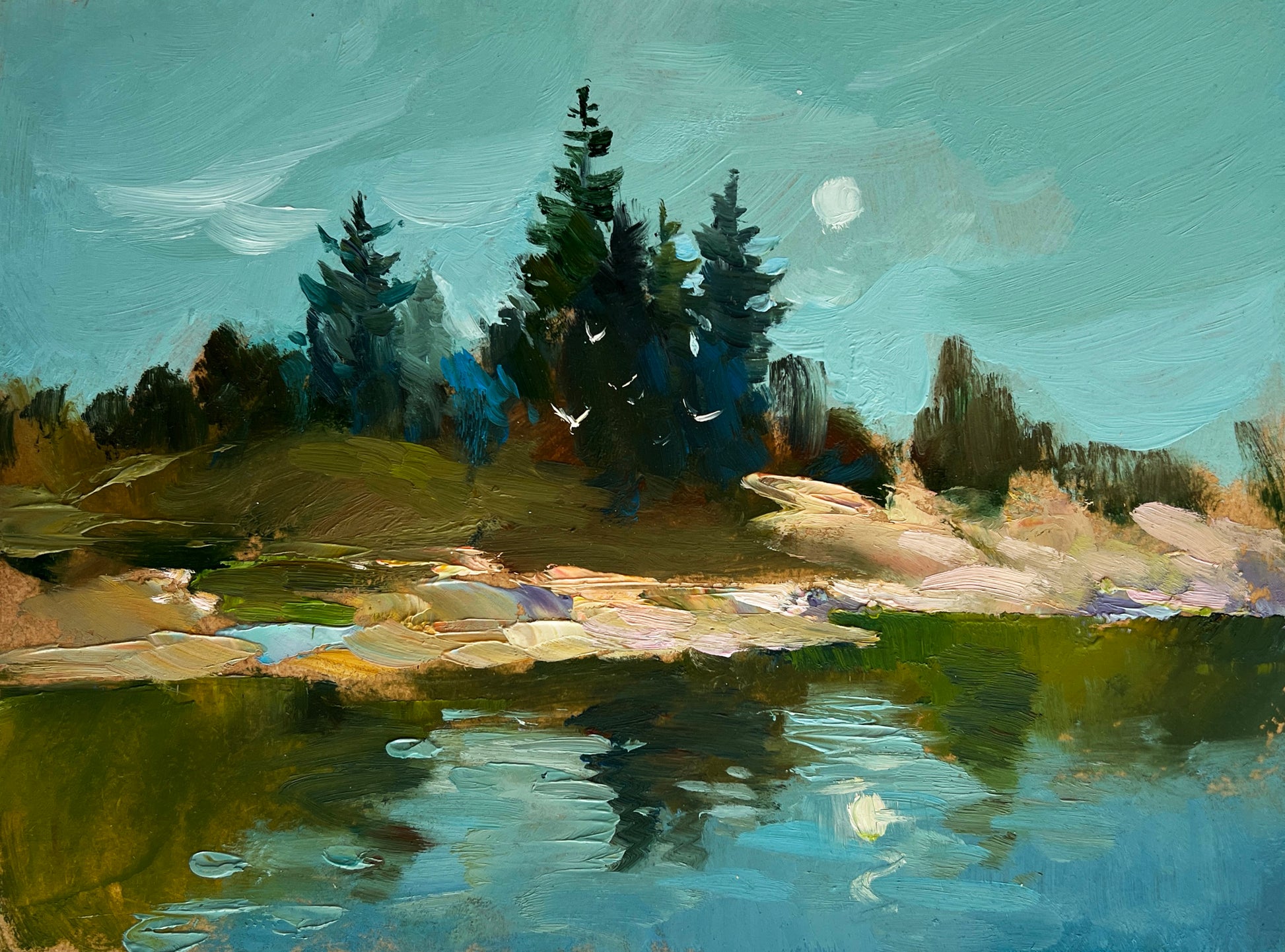 Serene impressionistic lake landscape by Yuriy Suprunchuk, teal greens