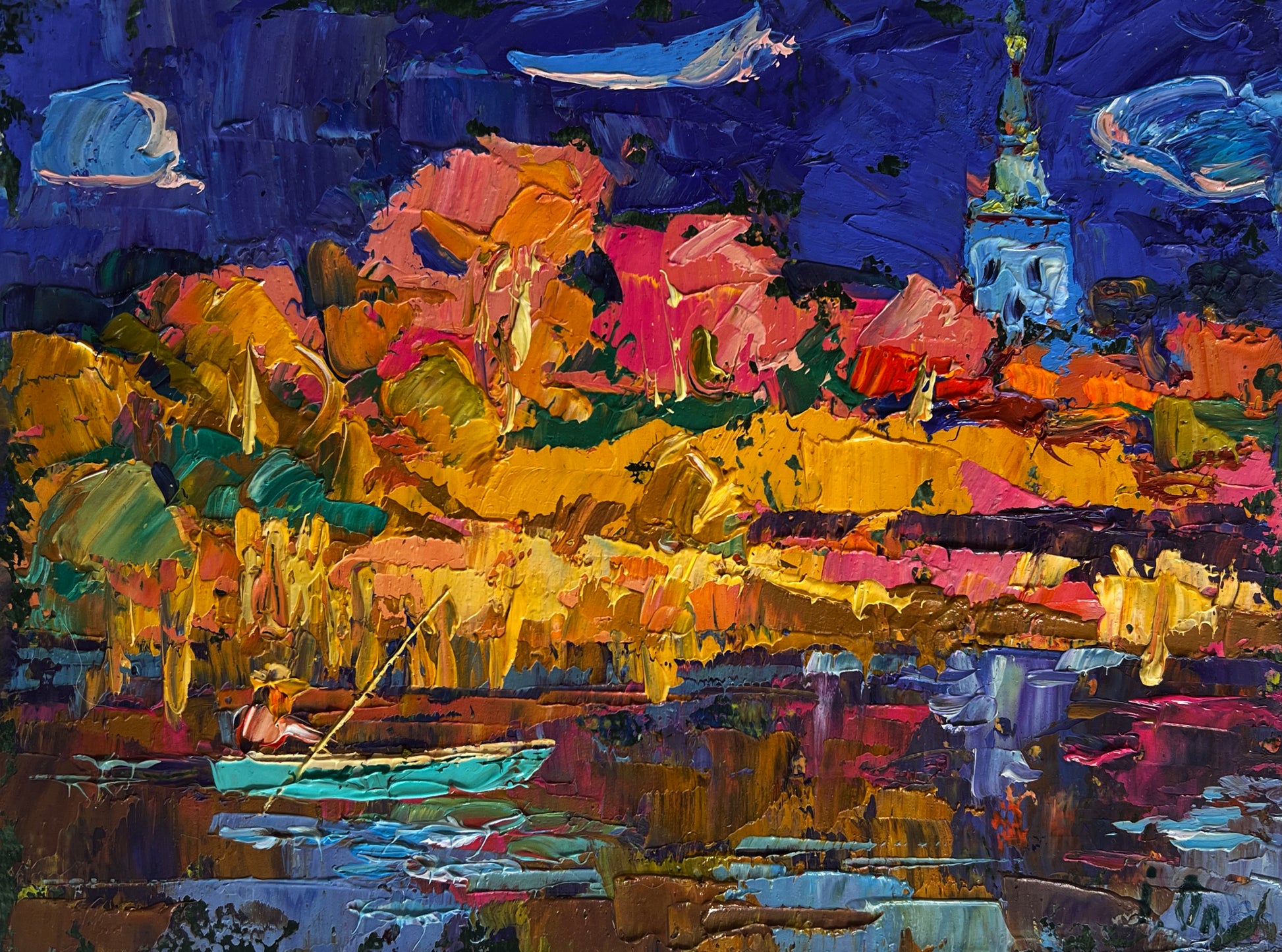 Vibrant impressionist autumn trees and teal boat by Oleksiy & Oksana Ivaniuk