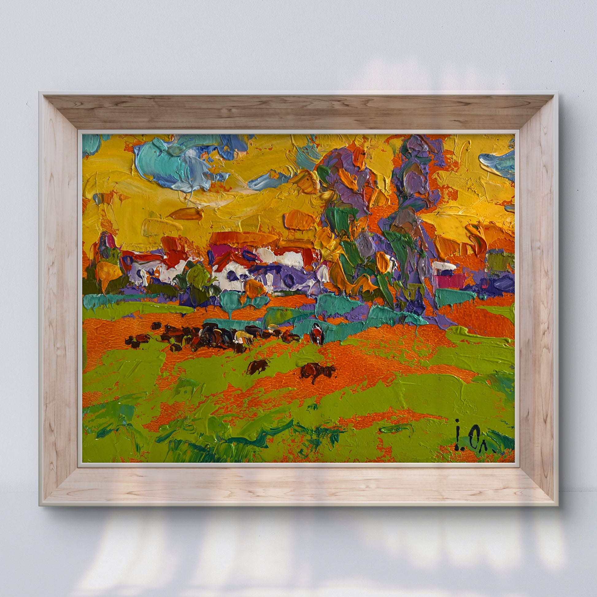 Vibrant Oleksiy Ivanyuk oil painting In the Sunny Meadows in light wood frame