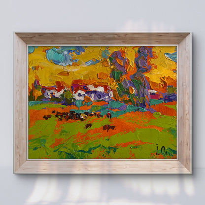 Vibrant Oleksiy Ivanyuk oil painting In the Sunny Meadows in light wood frame