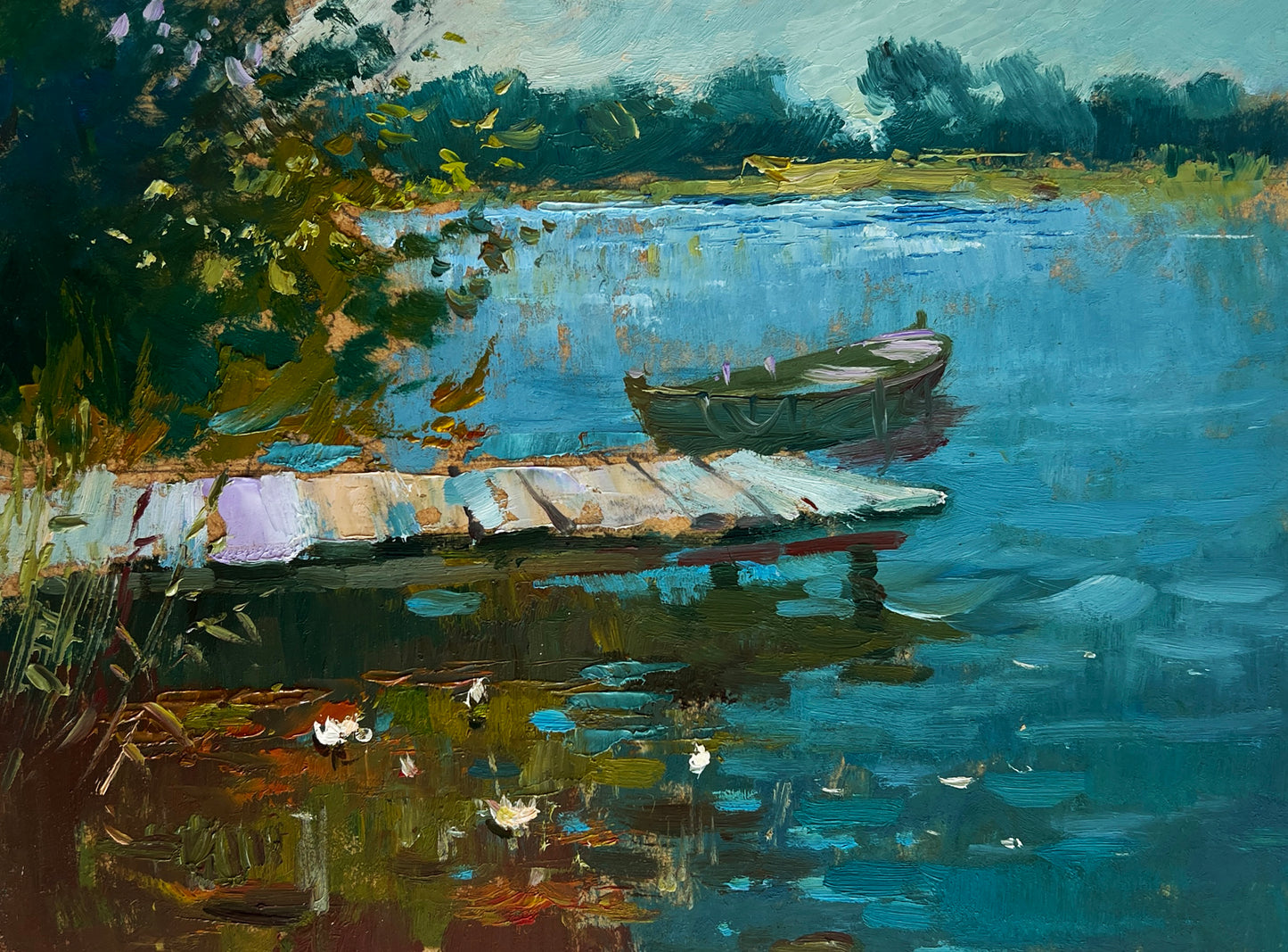 Yuriy Suprunchuk fine art rowboat on calm blue water near weathered dock