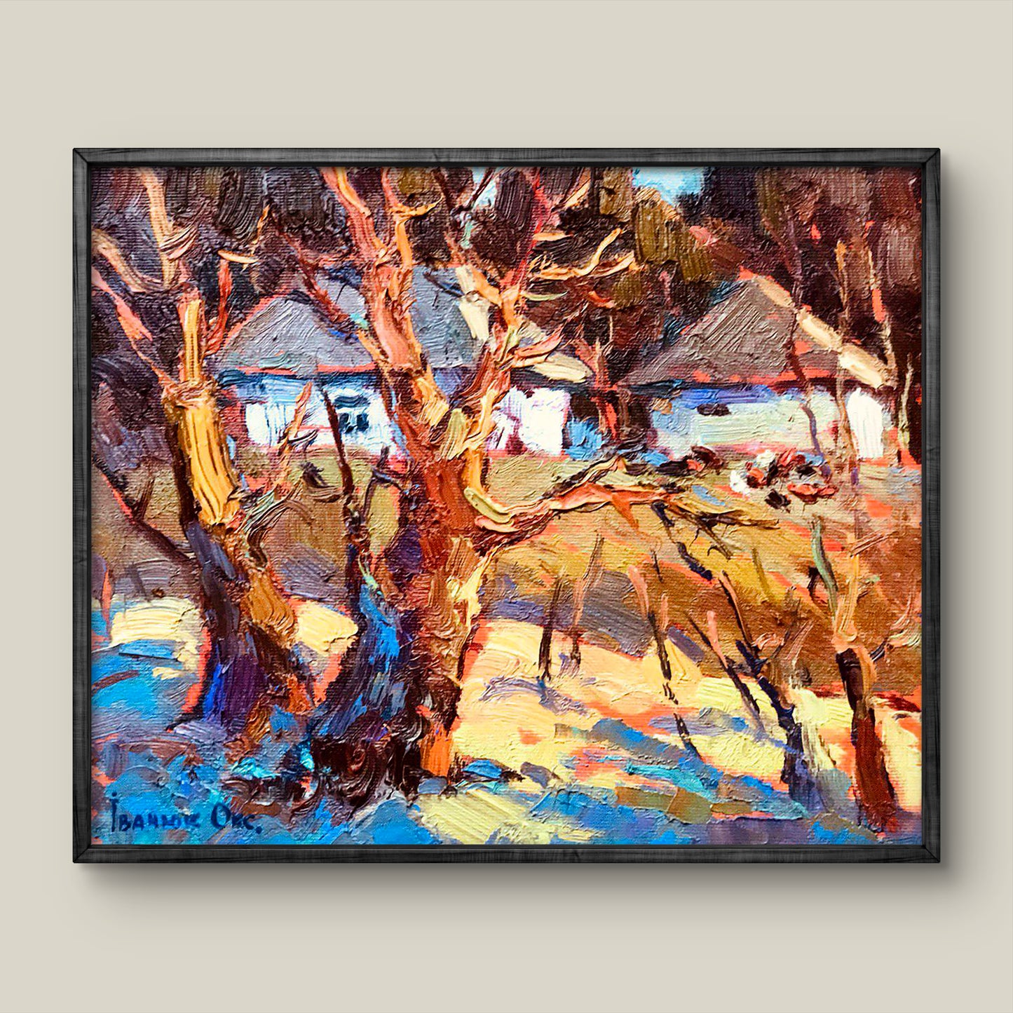 Oil painting Walk through the village in the evening by Oksana Ivanyuk in black frame
