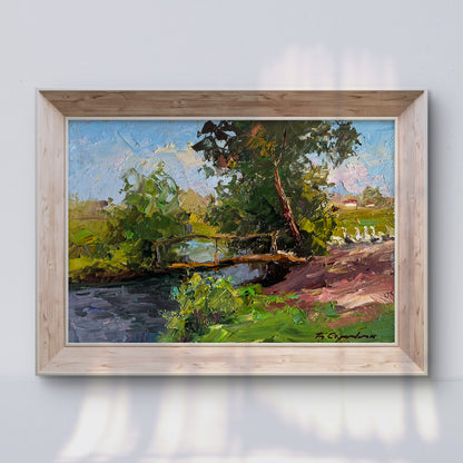 Oil painting by Boris Serdyuk: impressionistic landscape with geese, trees, river