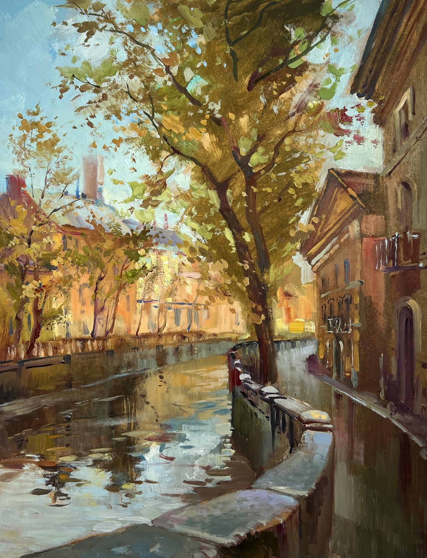 Oil painting of city alley with river by Yuriy Suprunchuk