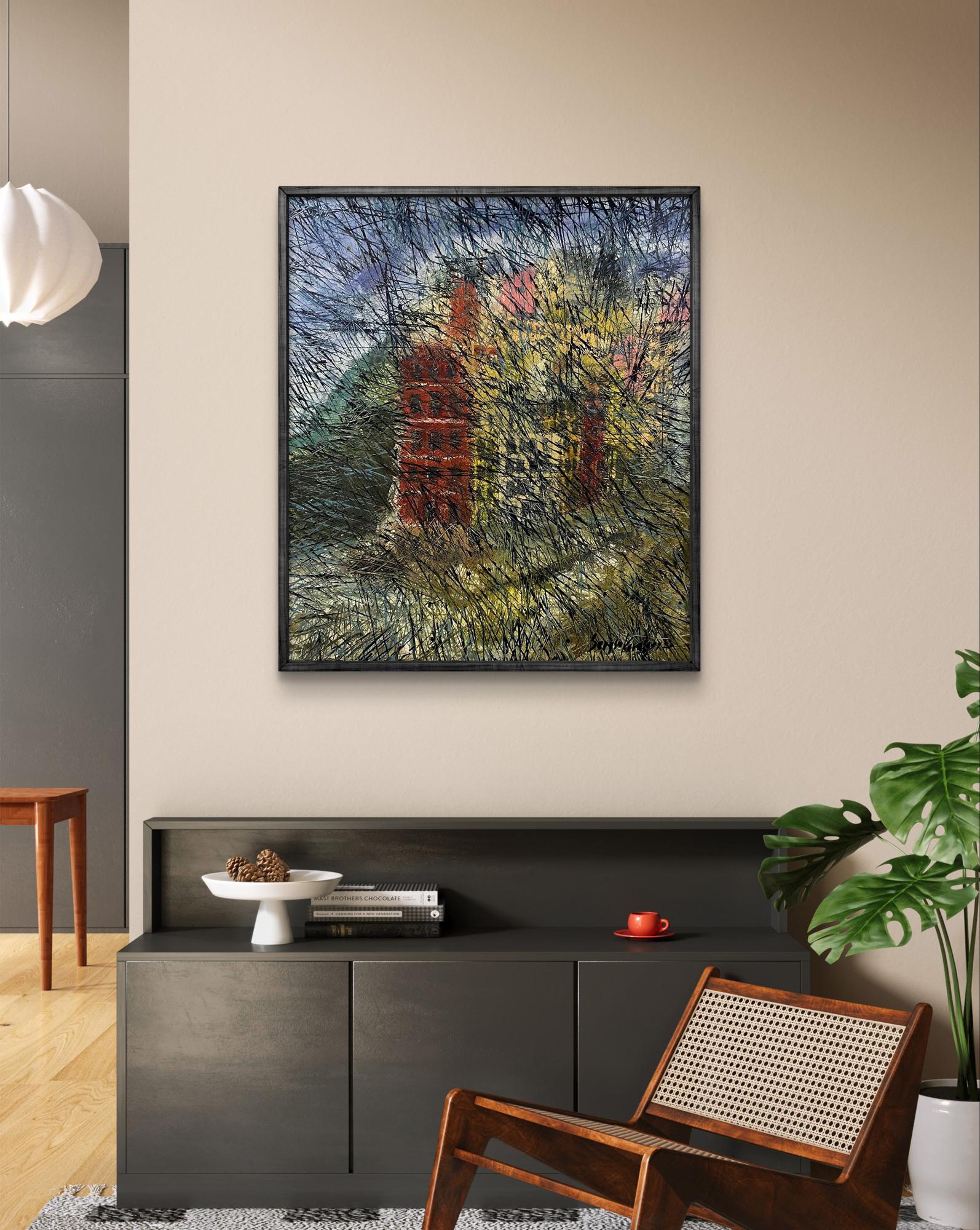 Framed oil painting There is fog in the city by Serhiy Kovalev, red green abstract