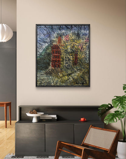 Framed oil painting There is fog in the city by Serhiy Kovalev, red green abstract