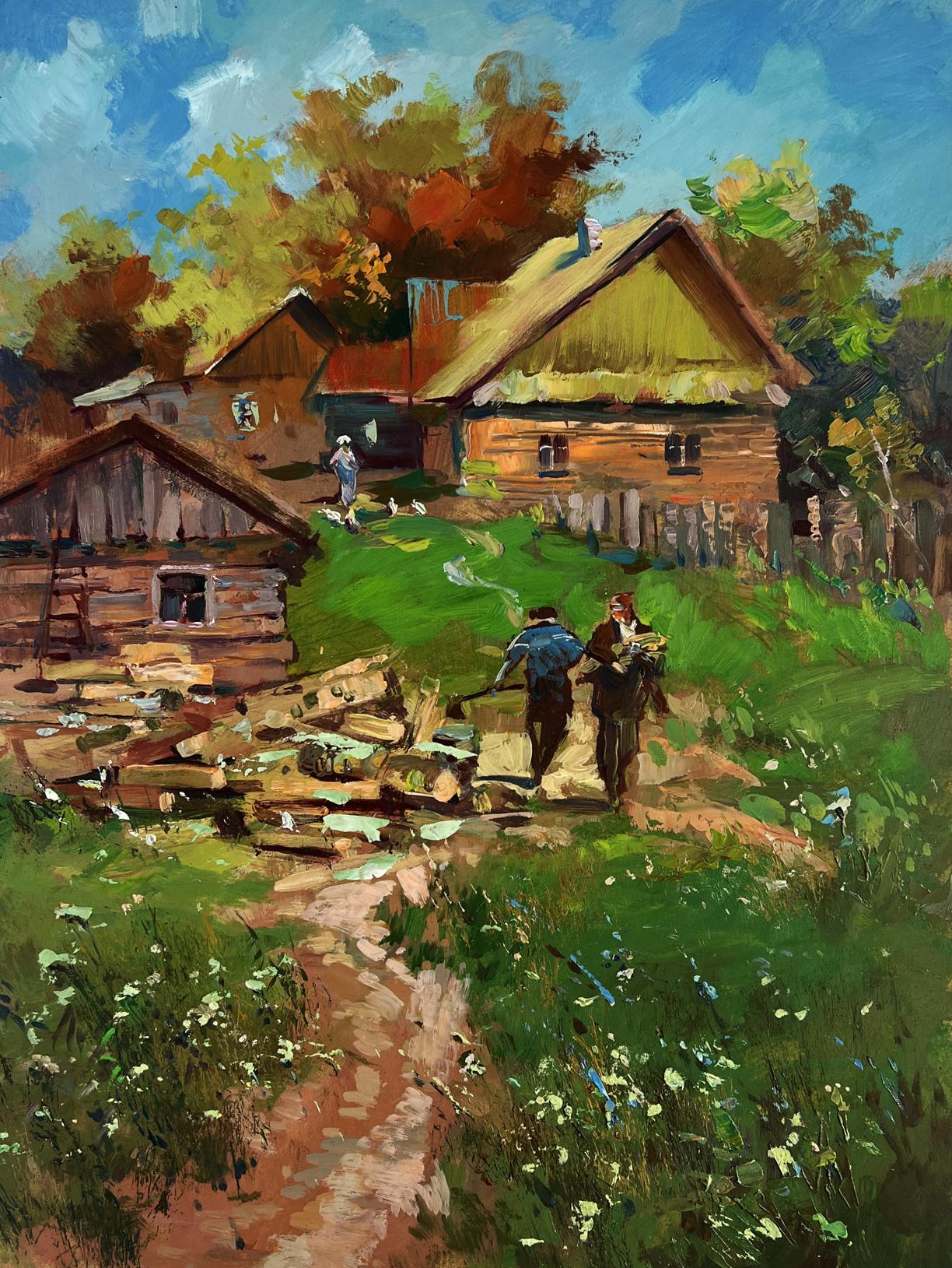 Rustic wooden house with thatched roof by Yuriy Suprunchuk oil painting
