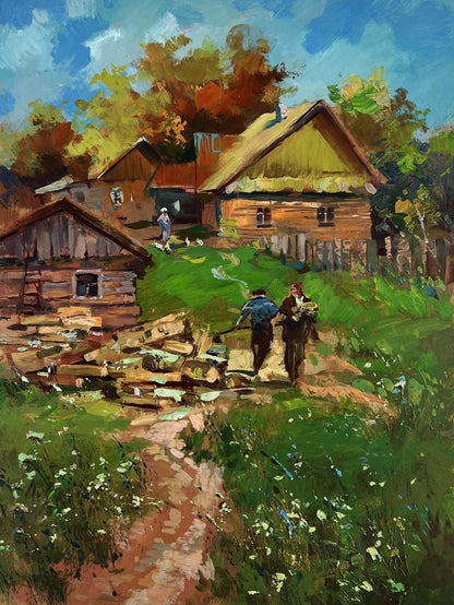 Rustic wooden house with thatched roof by Yuriy Suprunchuk oil painting
