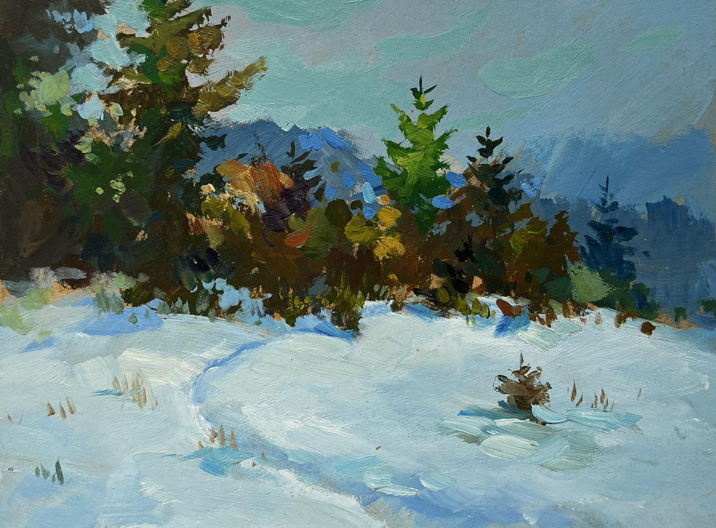 Oil painting In the snowy forest by Yuriy Suprunchuk textured impressionist scene