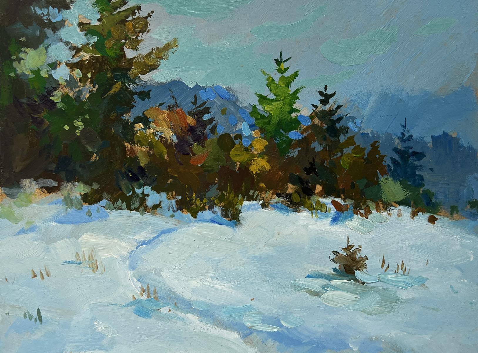 Oil painting In the snowy forest by Yuriy Suprunchuk textured impressionist scene