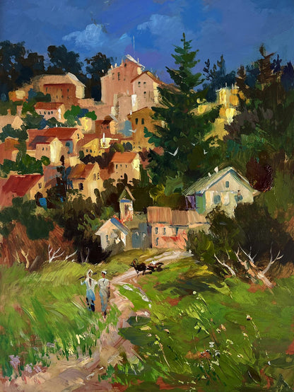Vibrant impressionistic oil painting by Yuriy Suprunchuk of sunlit hillside village streets