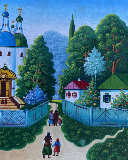 Vibrant folk oil painting of Sunday trip to church village with blue domes