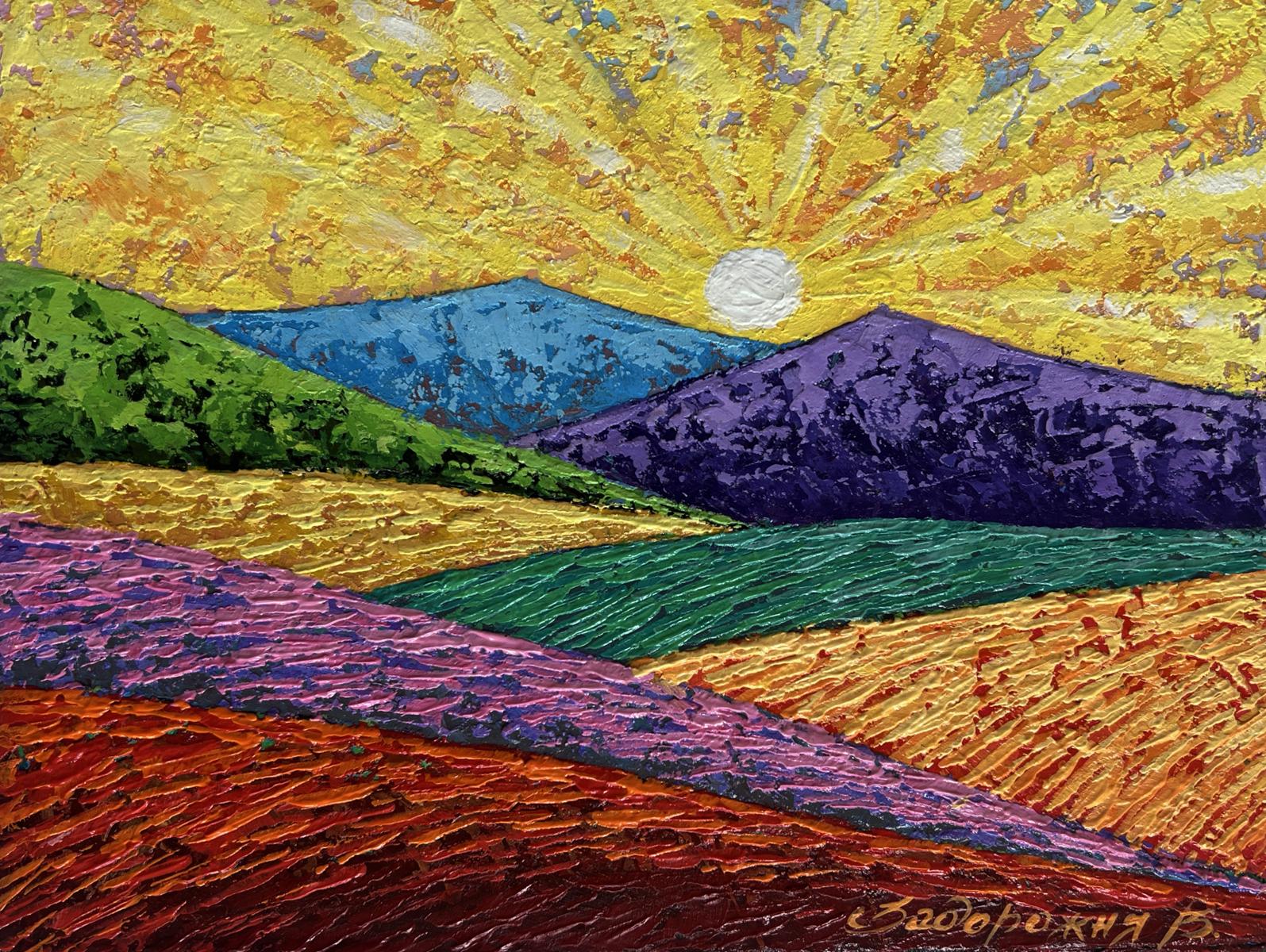Vibrant textured oil painting Horizon in evening sun lights by V. Zadorozhnya