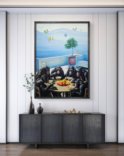 Oil painting Monkeys on vacation by Igor Konovalov, chimpanzees at table with fruit