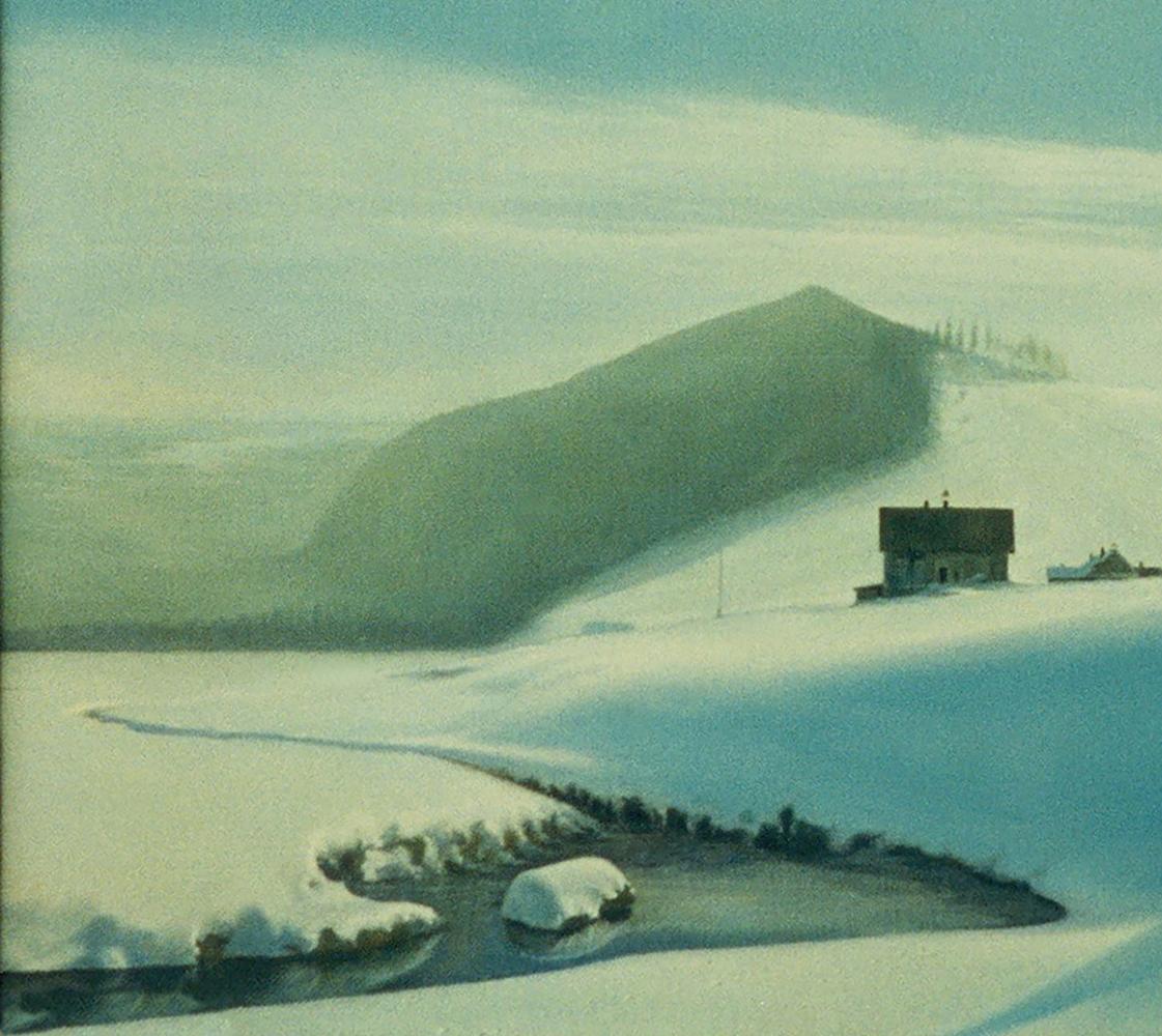 Snow-covered hill with Vasily Korkishkos dark wooden house after winter snowstorm at night oil painting