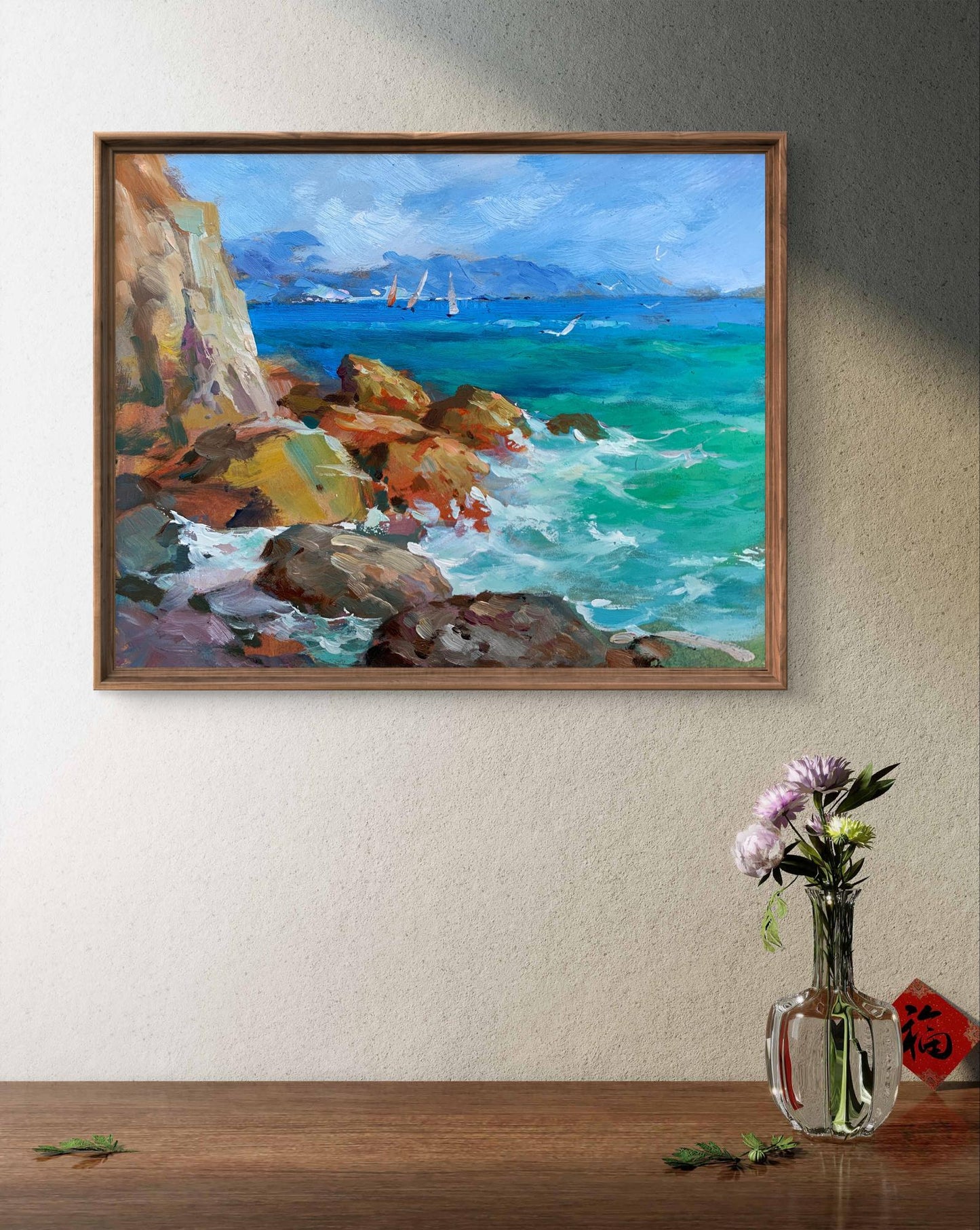 Framed oil painting by Yuriy Suprunchuk: turquoise waves crashing on rocks