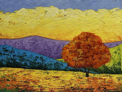 Oil painting Blazing Sunset V. Zadorozhnya: orange tree in golden field at dusk