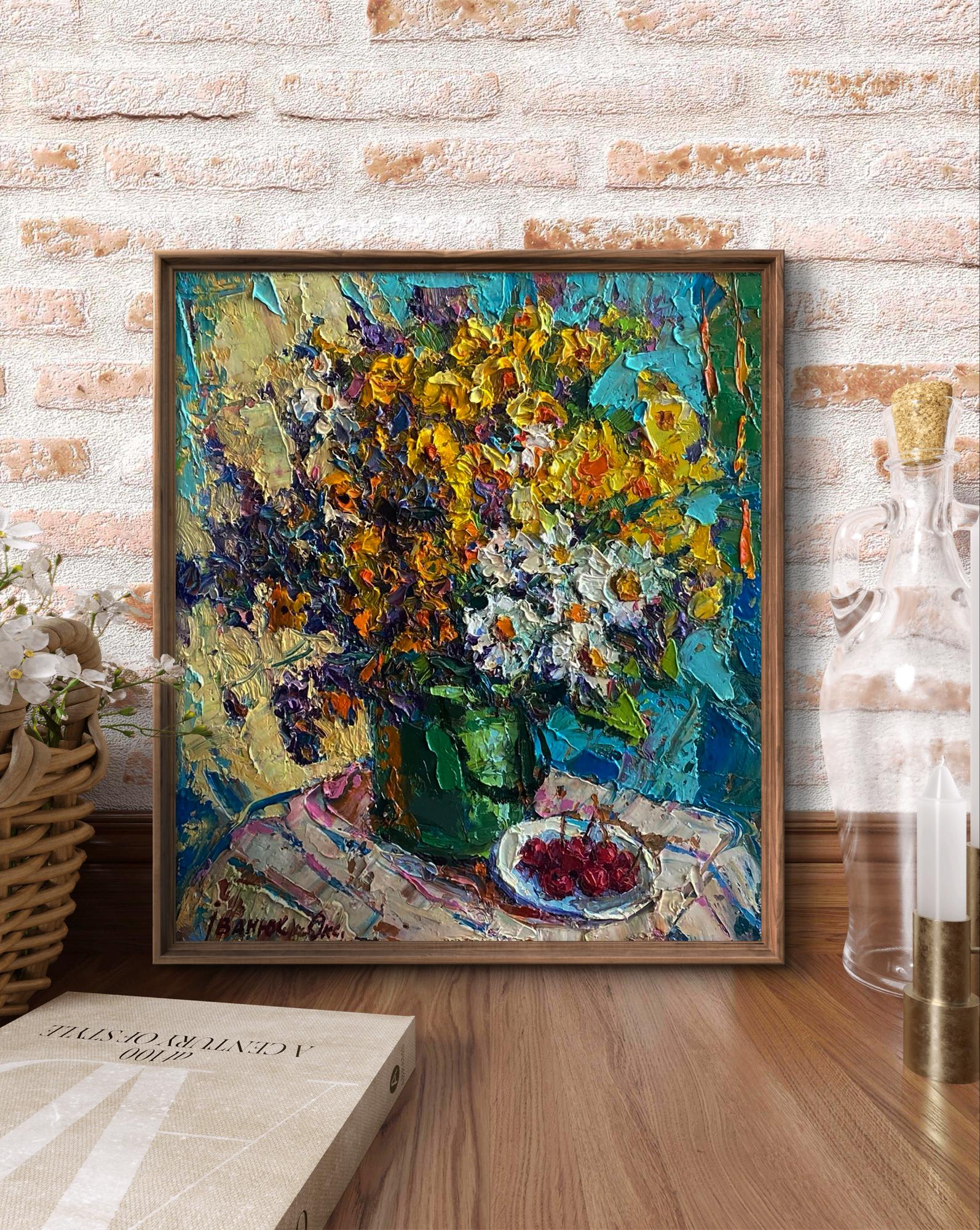 Vibrant Oil Painting Summer Still Life by Oksana Ivanyuk in wooden frame