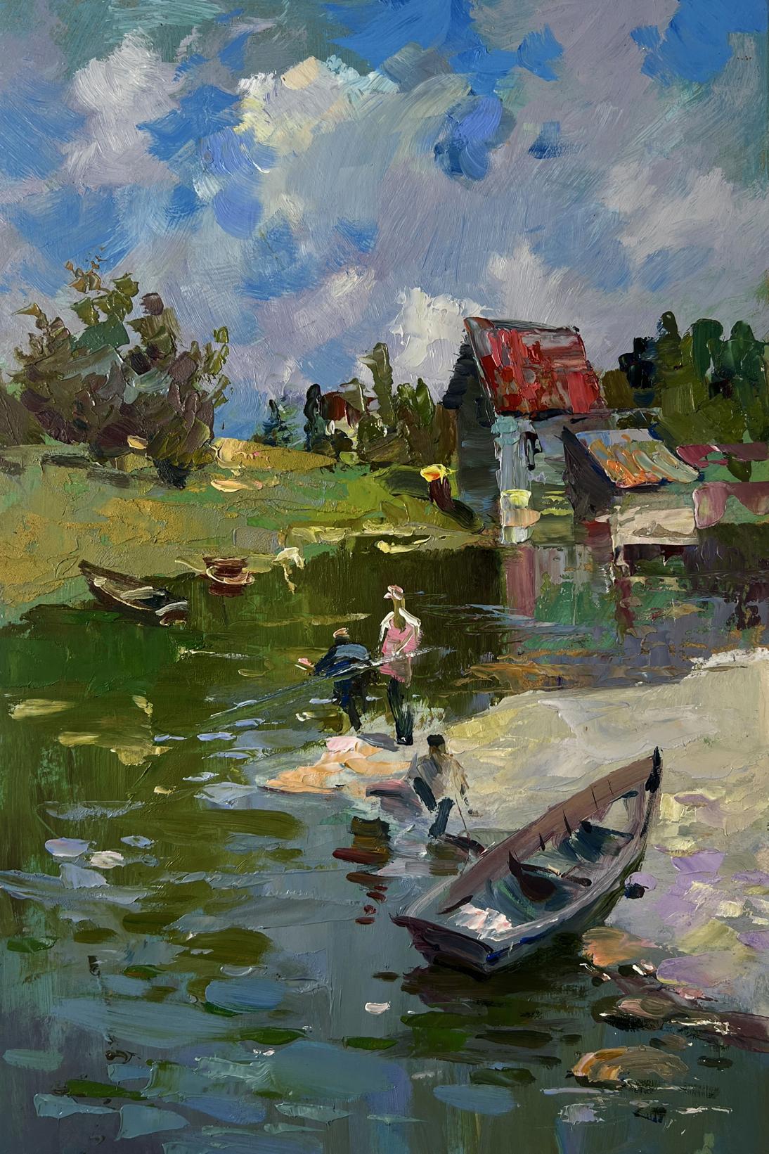 Oil painting of fishermen resting near shore by Yuriy Suprunchuk