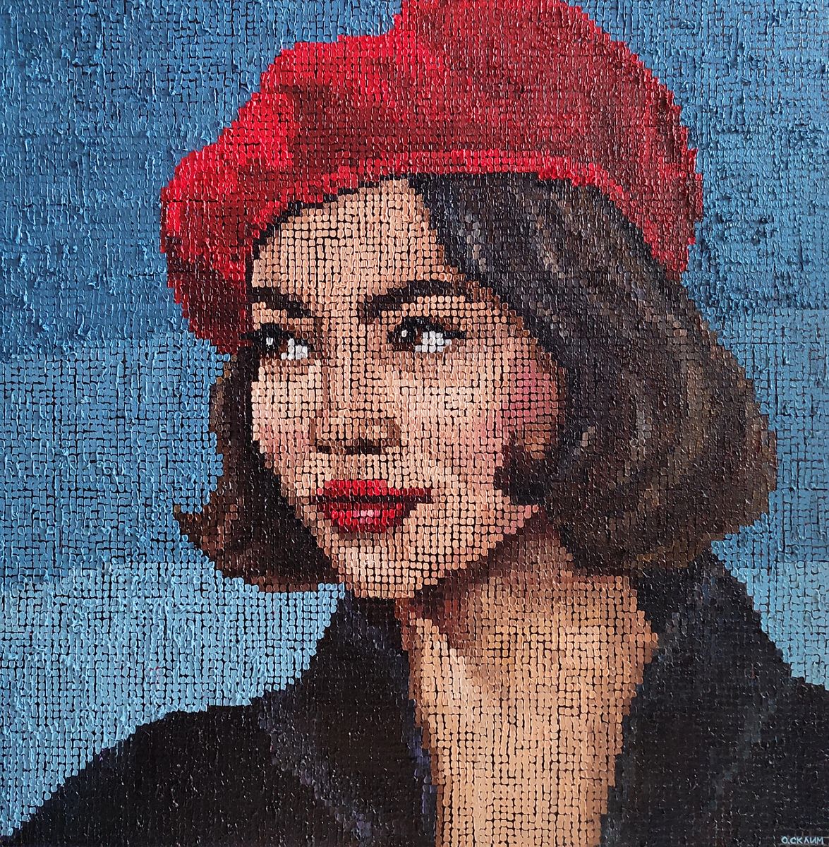 Oil painting portrait of woman in red beret by Oksana Sklym