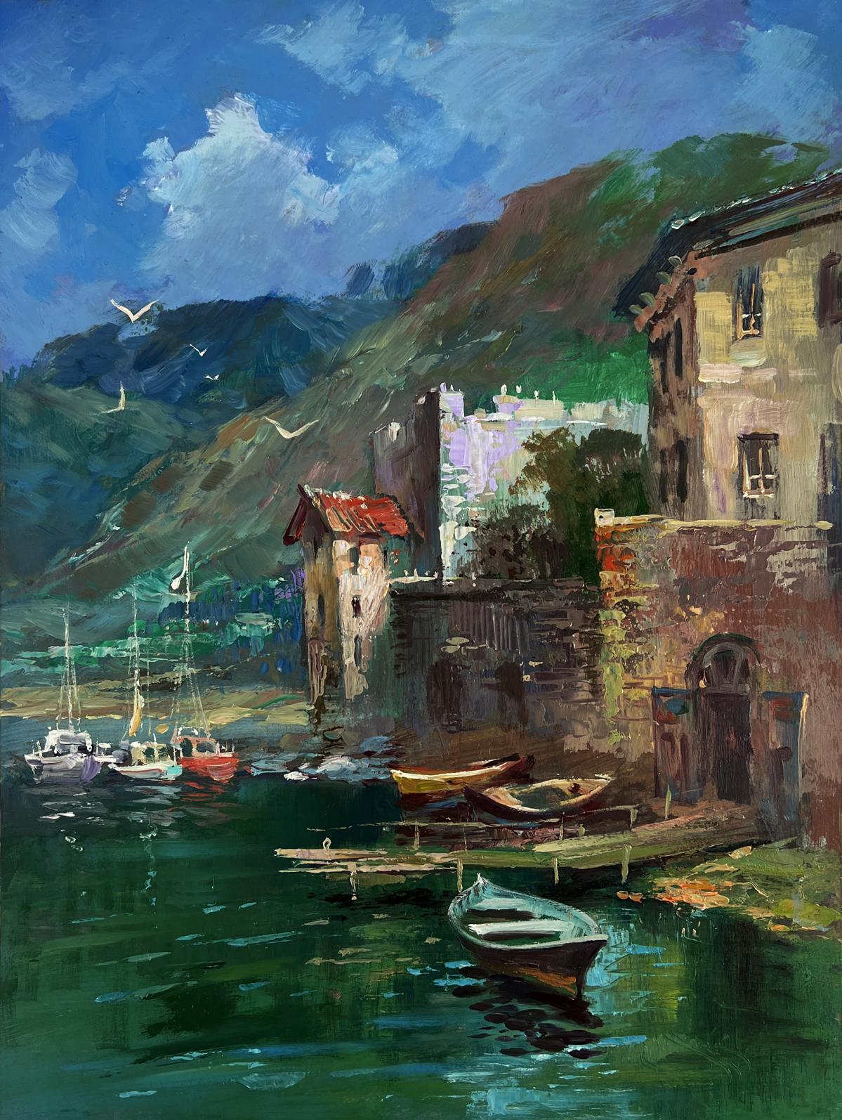 Oil painting of rowboat on green water by rustic dock, Yuriy Suprunchuk