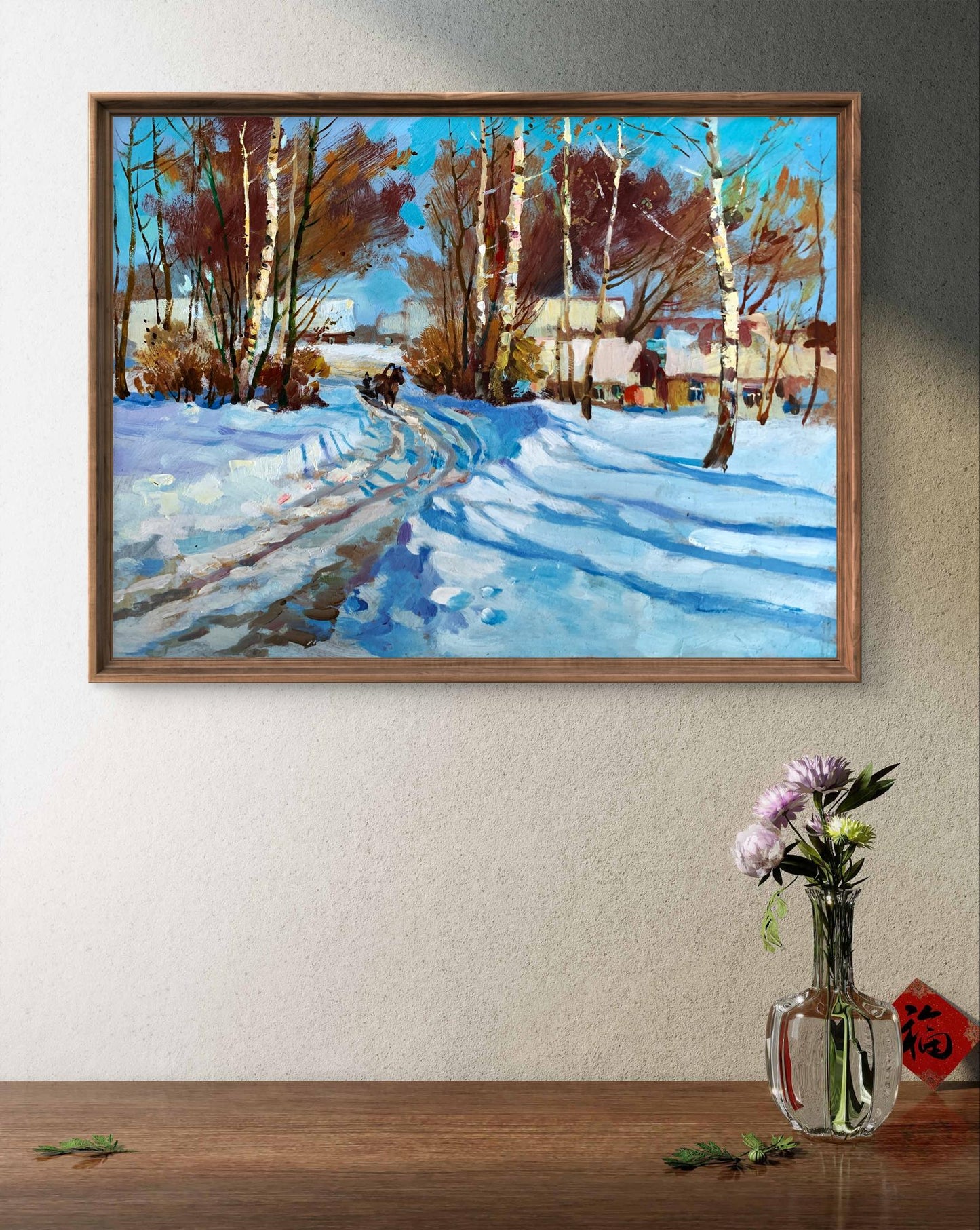 Framed oil painting Sunny winter day by Yuriy Suprunchuk with birch trees