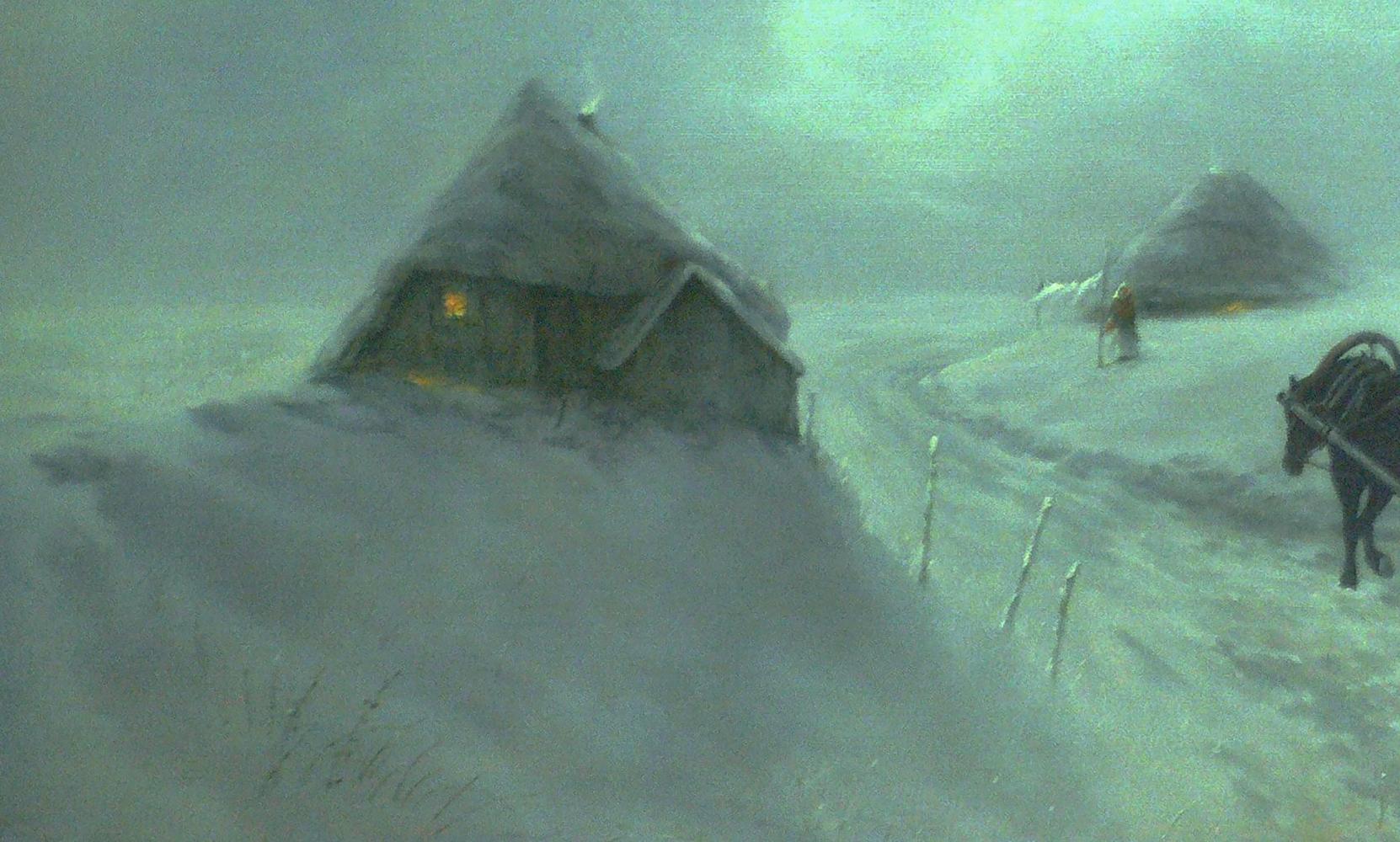 Snow-covered thatched cottage glowing warmly in winter snowstorm by Vasily Korkishko