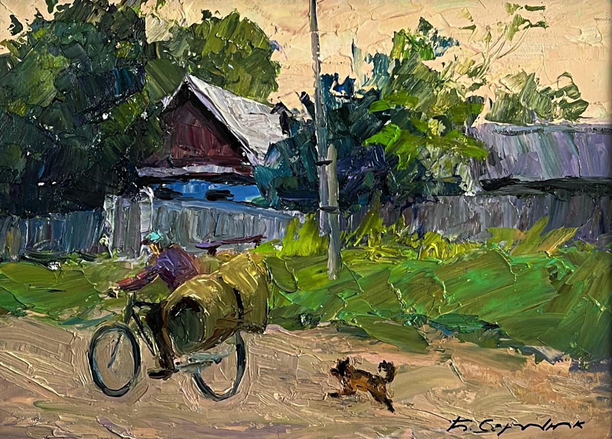 Rustic oil painting by Boris Serdyuk: cyclist with yellow container and dog on dirt path